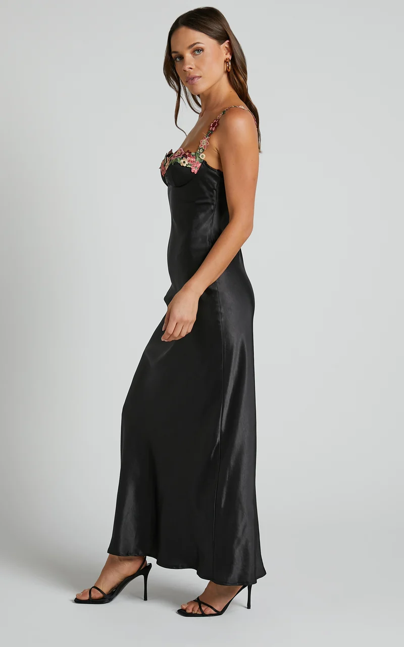 Harmony Maxi Dress - Floral Detail Cup Bust Satin Dress in Black