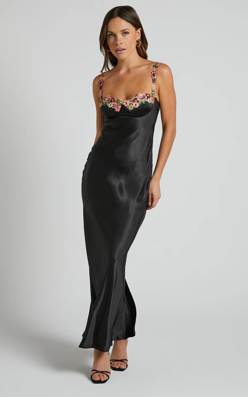 Harmony Maxi Dress - Floral Detail Cup Bust Satin Dress in Black