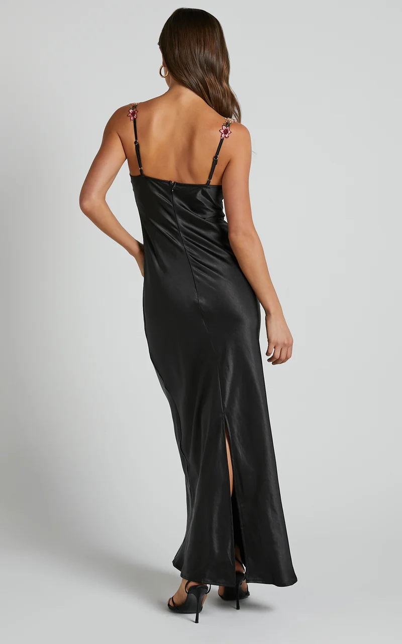 Harmony Maxi Dress - Floral Detail Cup Bust Satin Dress in Black