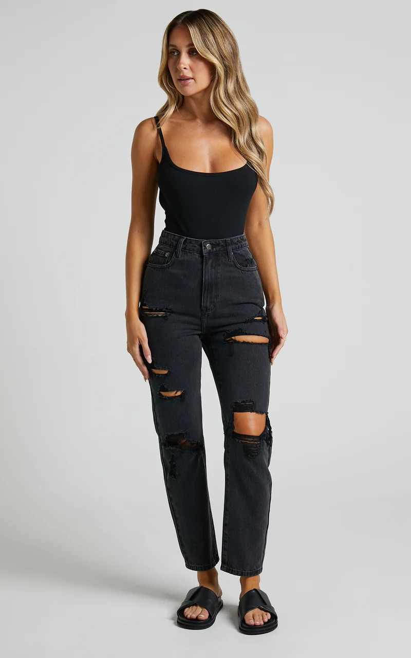 Billie Jeans - High Waisted Cotton Distressed Mom Denim Jeans in Black Wash