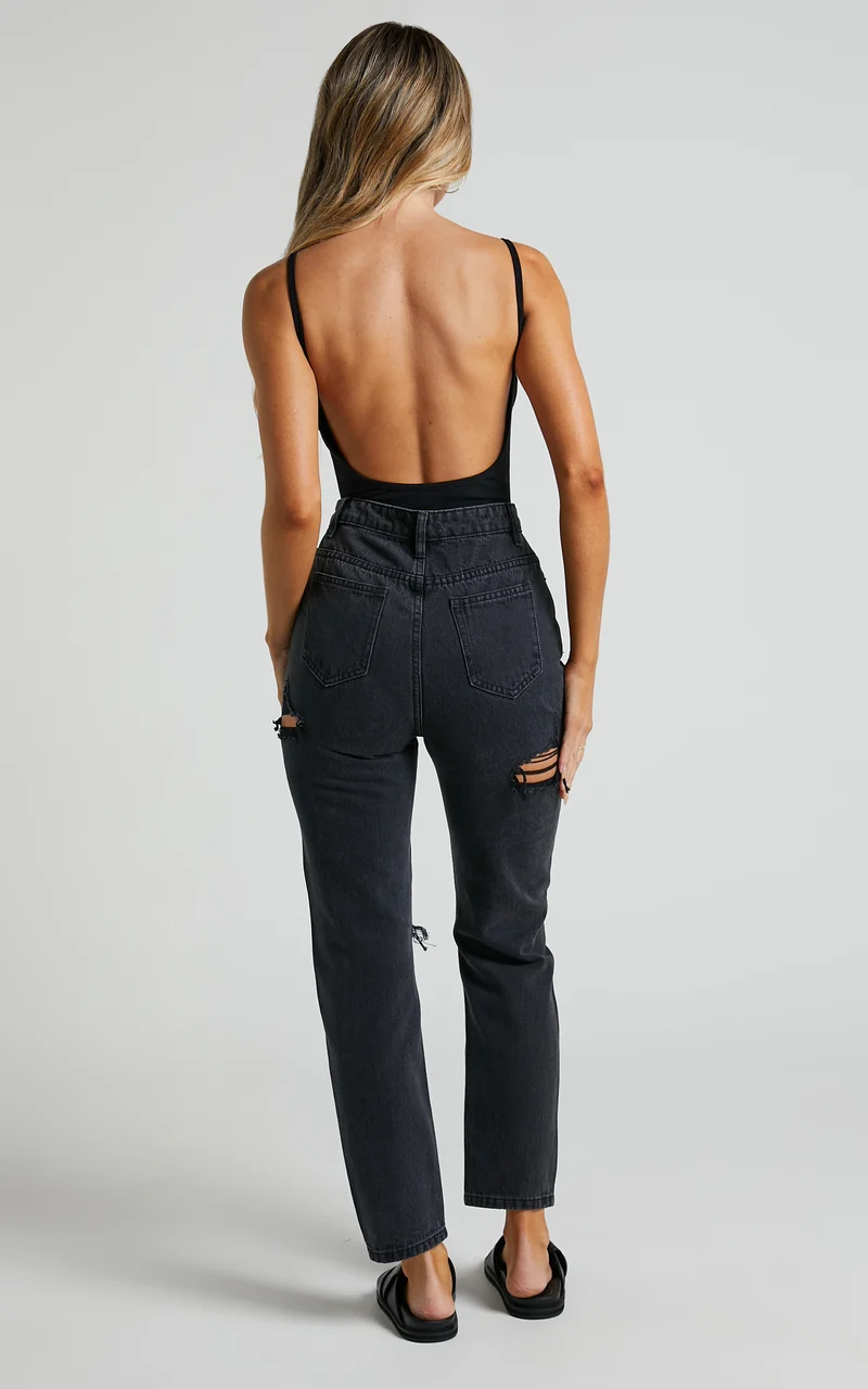 Billie Jeans - High Waisted Cotton Distressed Mom Denim Jeans in Black Wash