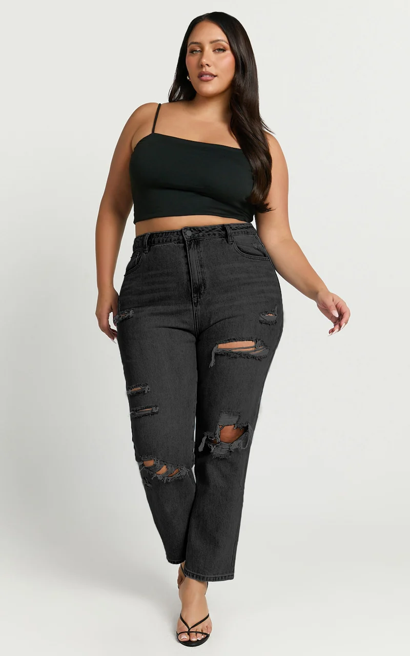 Billie Jeans - High Waisted Cotton Distressed Mom Denim Jeans in Black Wash
