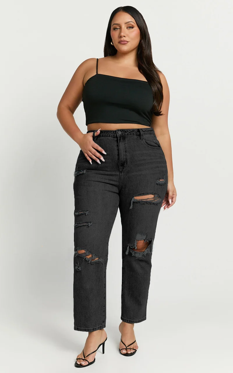Billie Jeans - High Waisted Cotton Distressed Mom Denim Jeans in Black Wash