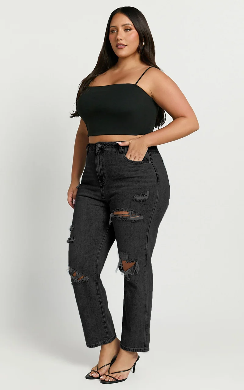 Billie Jeans - High Waisted Cotton Distressed Mom Denim Jeans in Black Wash