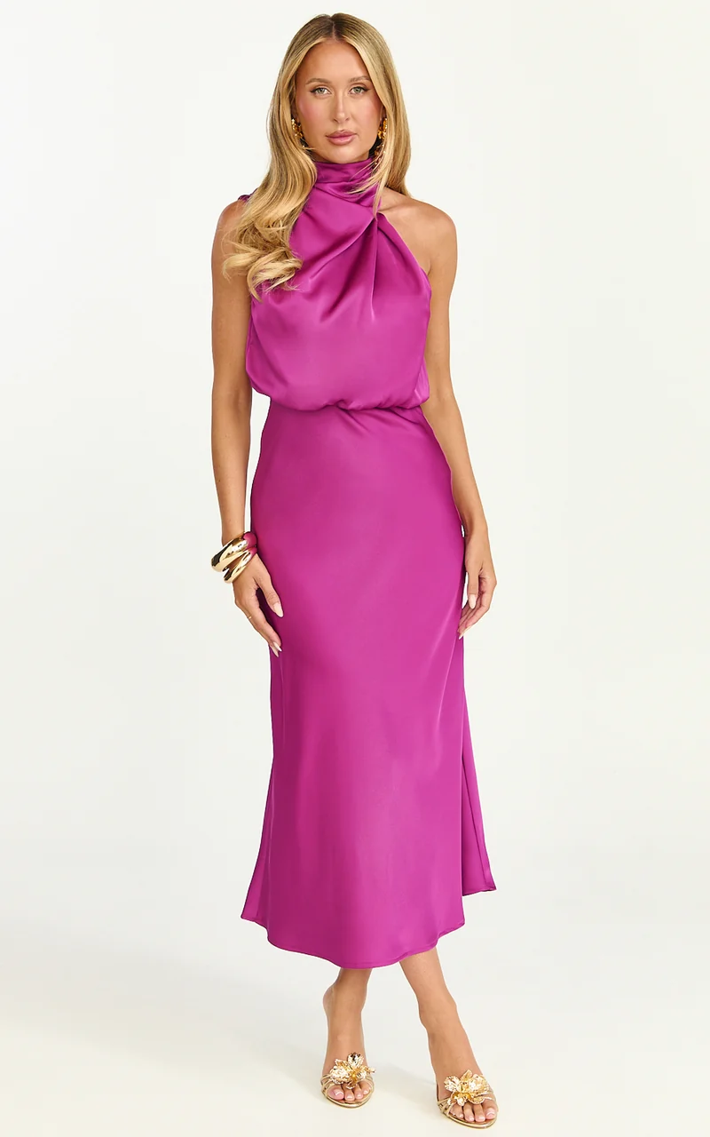 Minnie Midi Dress - Drape Neck Satin Slip Dress in Purple