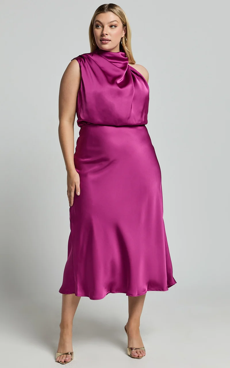 Minnie Midi Dress - Drape Neck Satin Slip Dress in Purple
