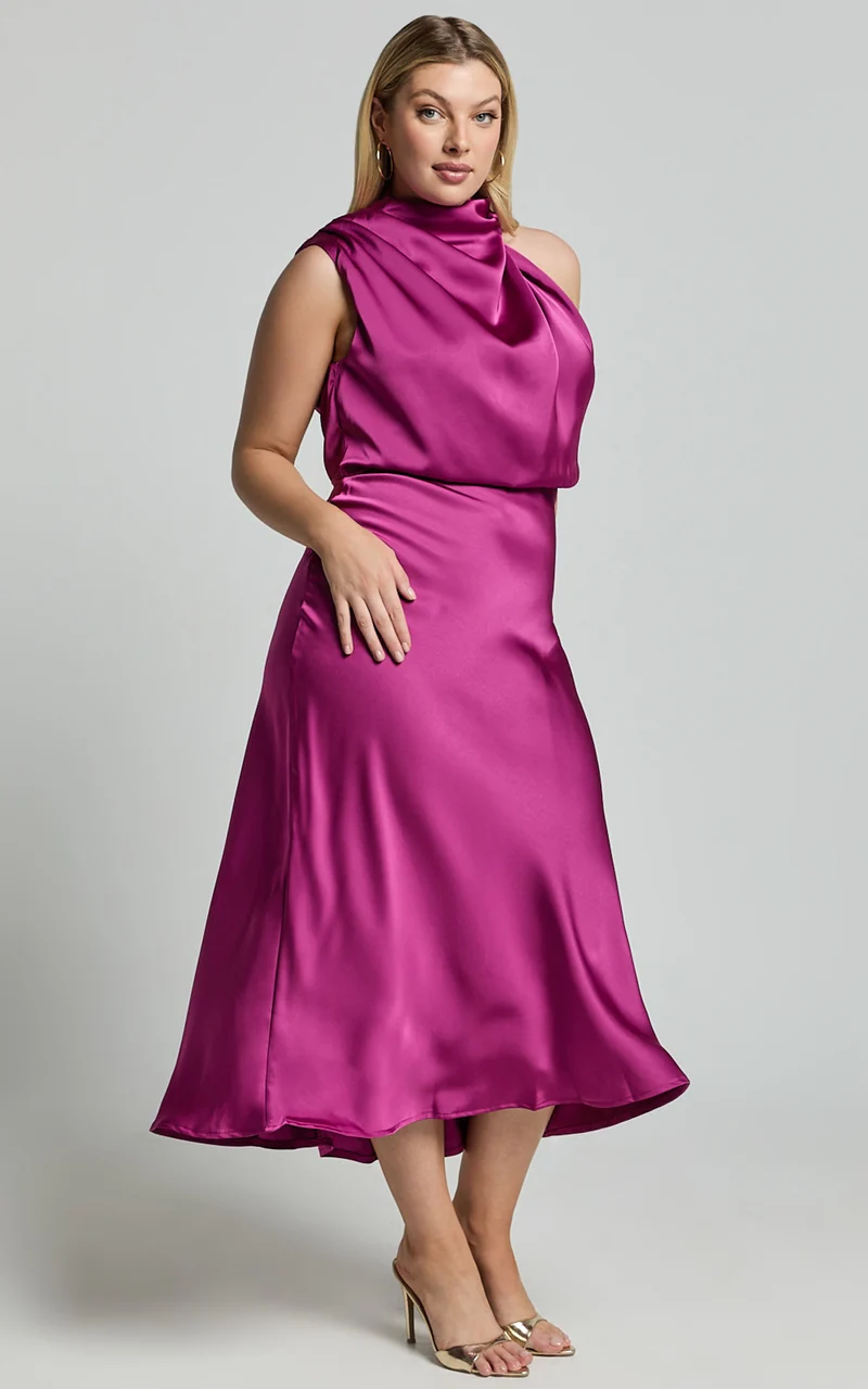 Minnie Midi Dress - Drape Neck Satin Slip Dress in Purple