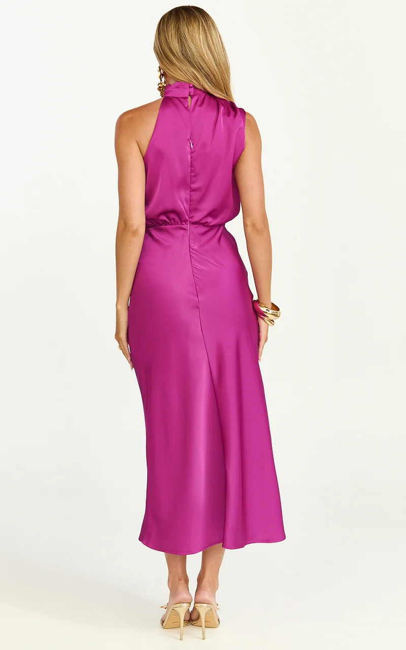 Minnie Midi Dress - Drape Neck Satin Slip Dress in Purple