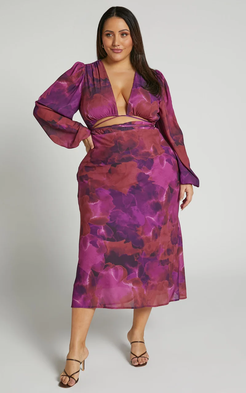 Artola Midi Dress - Front Cut Out Long Sleeve Dress in Blurred Dreams