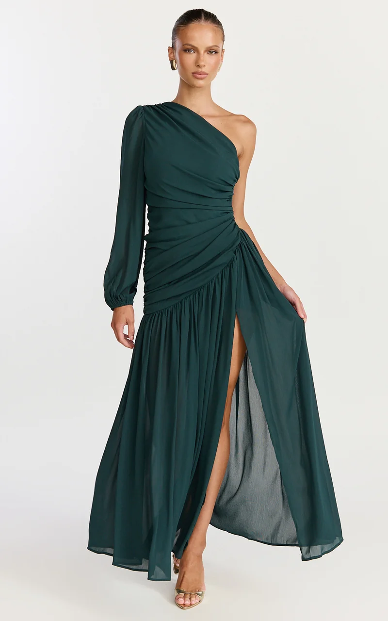Grittah Maxi Dress - One Shoulder Bishop Sleeve High Split Ruched Dress in Emerald