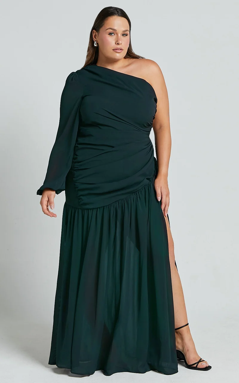 Grittah Maxi Dress - One Shoulder Bishop Sleeve High Split Ruched Dress in Emerald