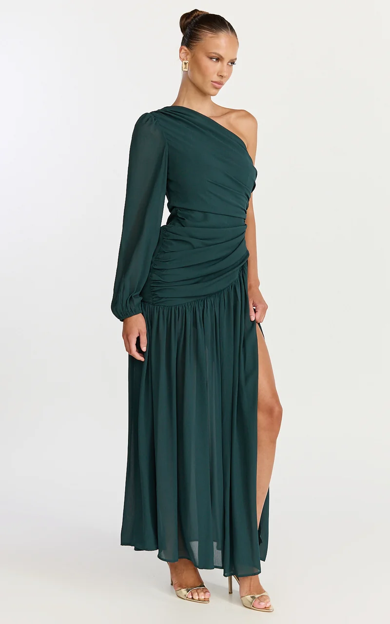 Grittah Maxi Dress - One Shoulder Bishop Sleeve High Split Ruched Dress in Emerald