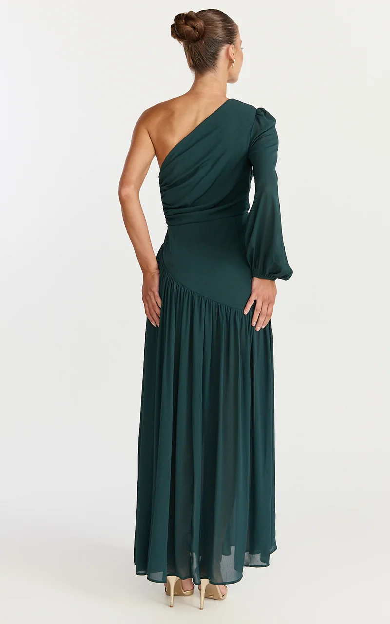 Grittah Maxi Dress - One Shoulder Bishop Sleeve High Split Ruched Dress in Emerald