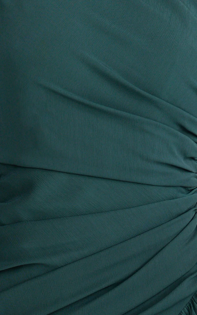 Grittah Maxi Dress - One Shoulder Bishop Sleeve High Split Ruched Dress in Emerald
