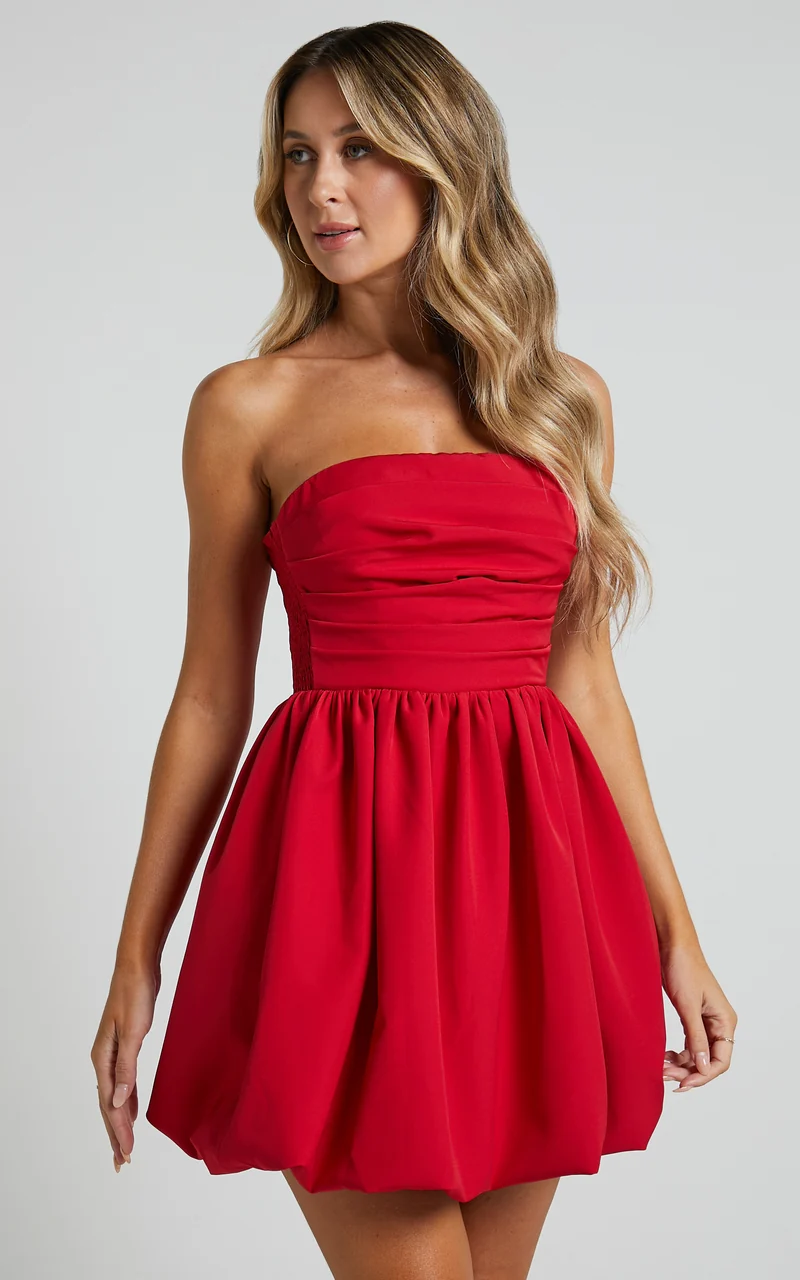 Shaima Mini Dress - Strapless Bubble Hem Dress in Red