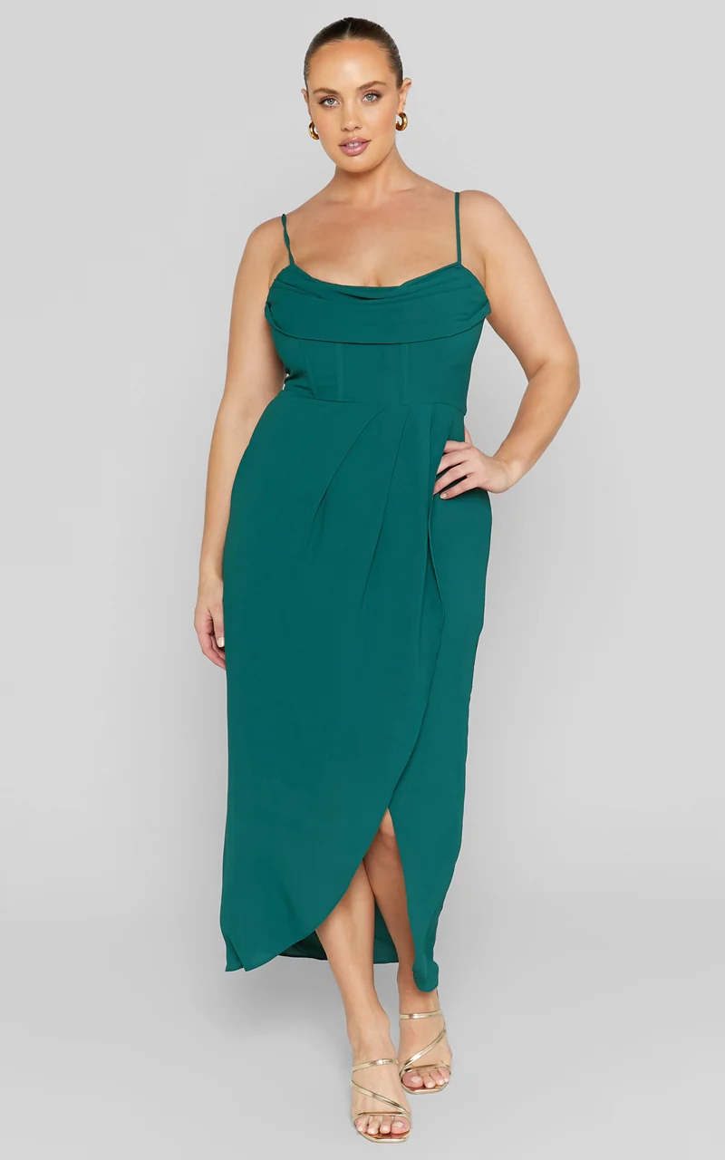 Andrina Midi Dress - High Low Wrap Corset Dress in Forest Green