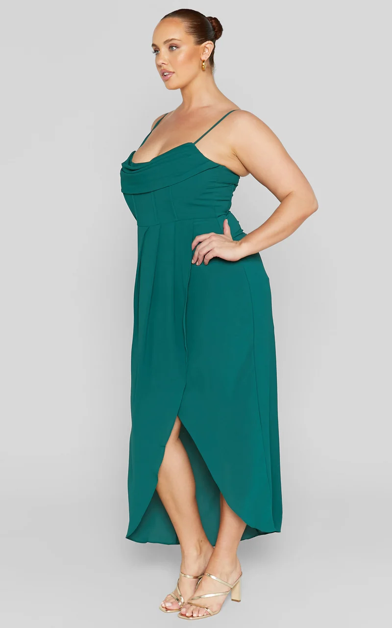 Andrina Midi Dress - High Low Wrap Corset Dress in Forest Green