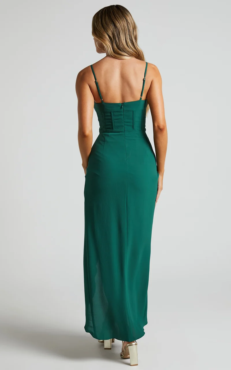 Andrina Midi Dress - High Low Wrap Corset Dress in Forest Green