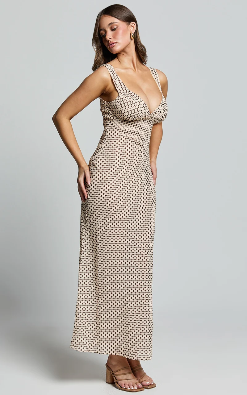 Mauriel Midi Dress - Deep V Gathered Bust Slip Dress in Natural Geo