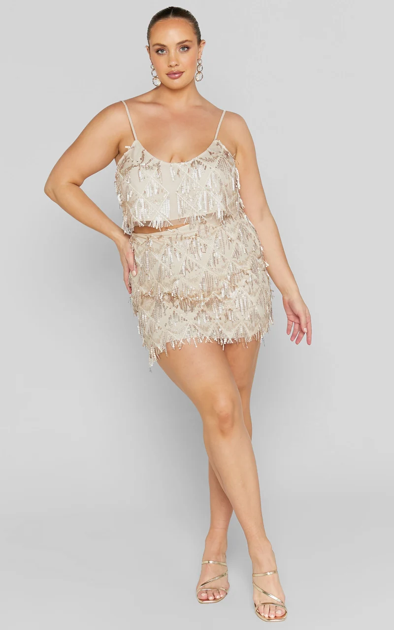 Khrizza Mini Skirt - Sequin Diamond Mesh Skirt in Gold