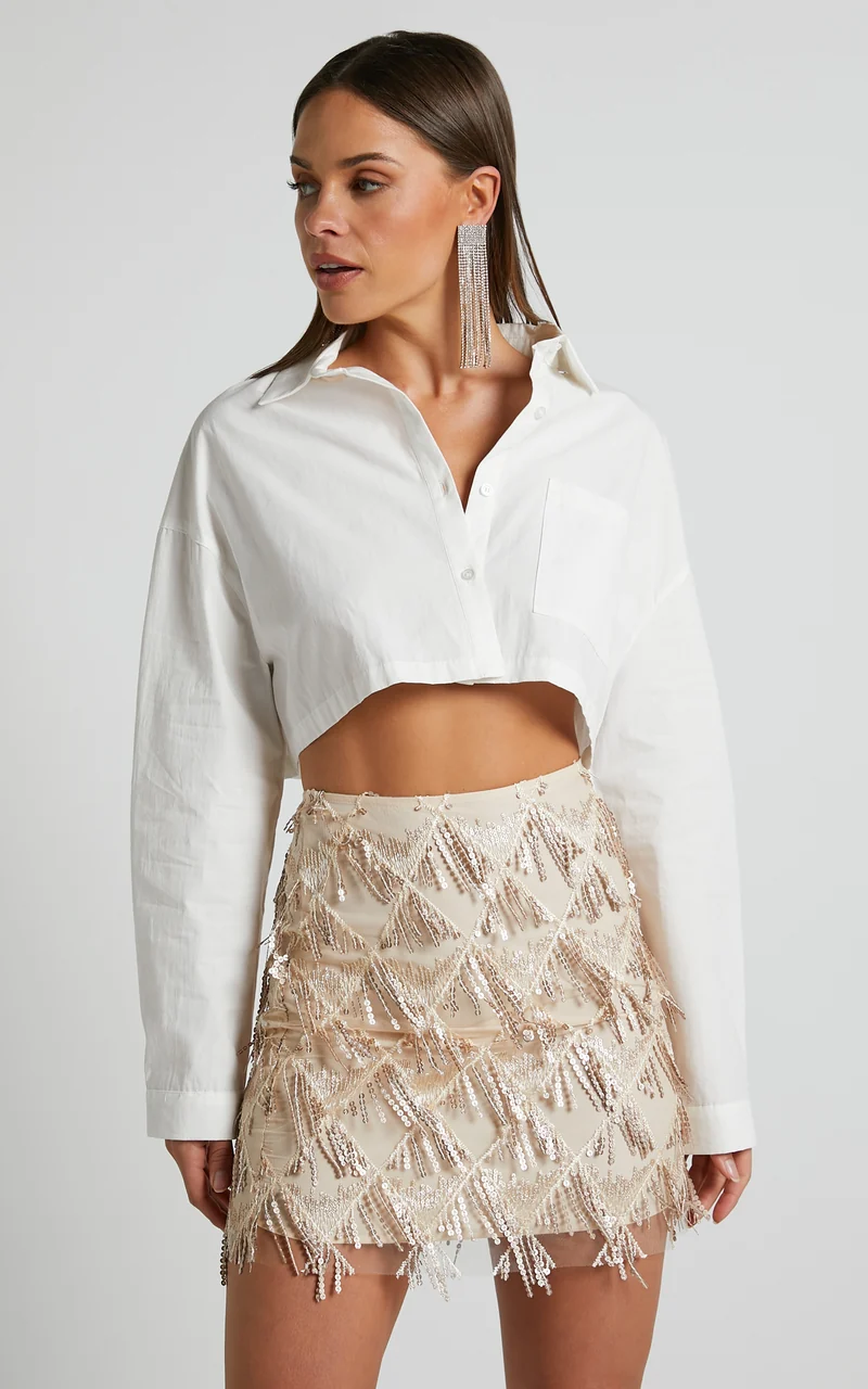 Khrizza Mini Skirt - Sequin Diamond Mesh Skirt in Gold