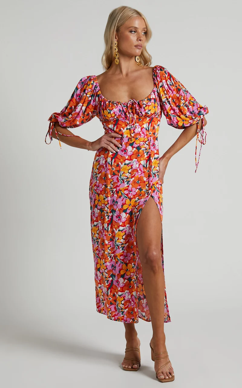 Rosario Midi Dress - Ruched Bust Puff Sleeve Dress in Spring Floral
