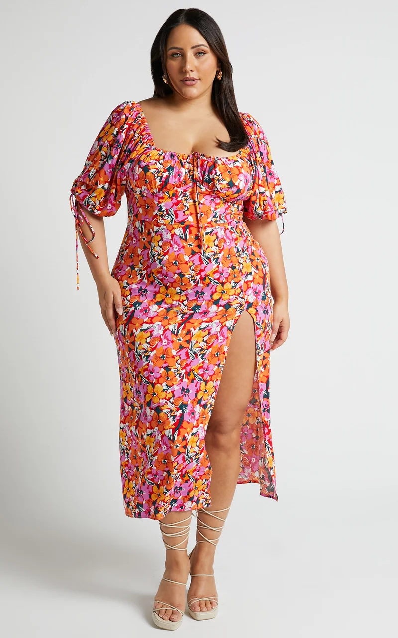 Rosario Midi Dress - Ruched Bust Puff Sleeve Dress in Spring Floral