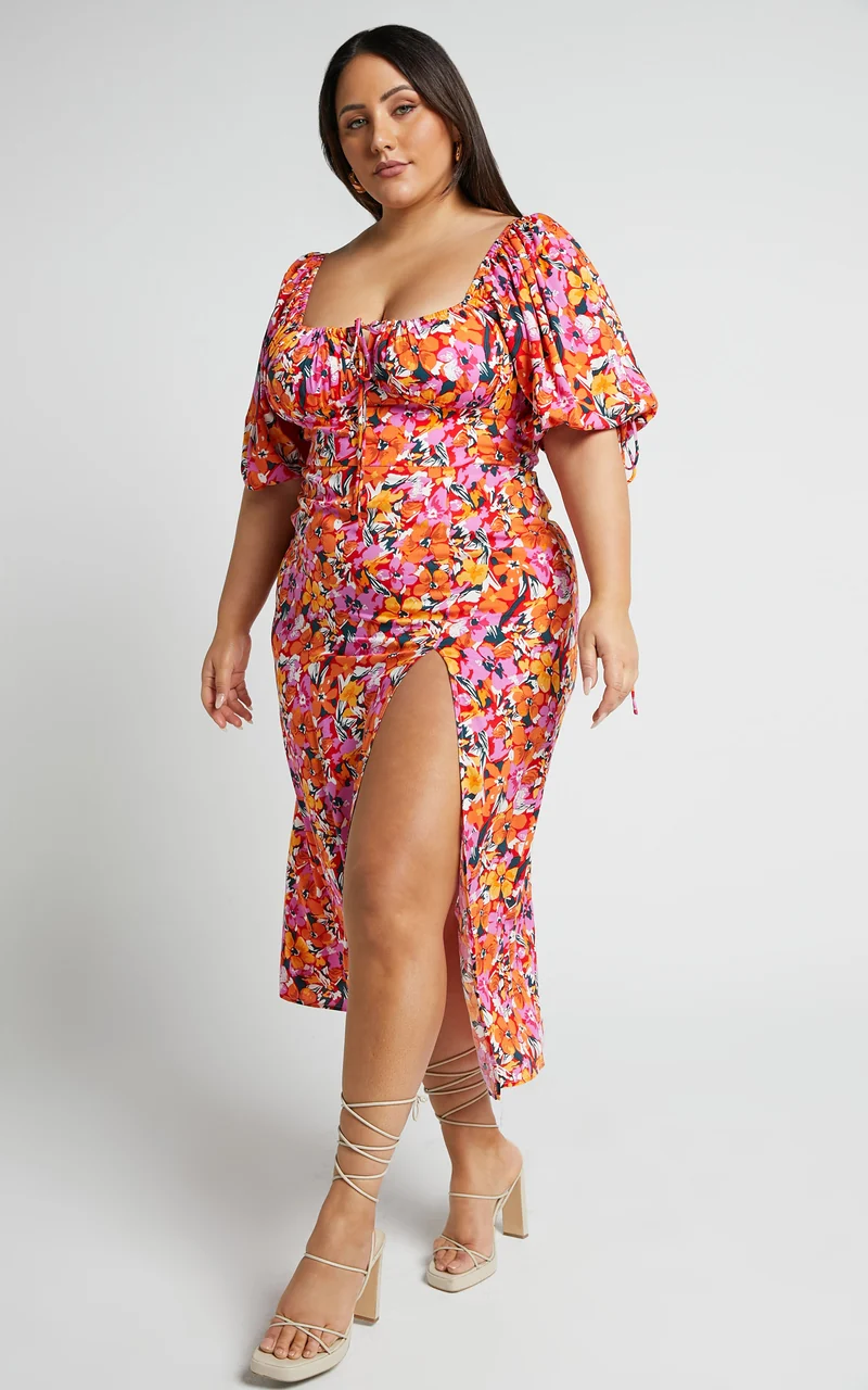Rosario Midi Dress - Ruched Bust Puff Sleeve Dress in Spring Floral
