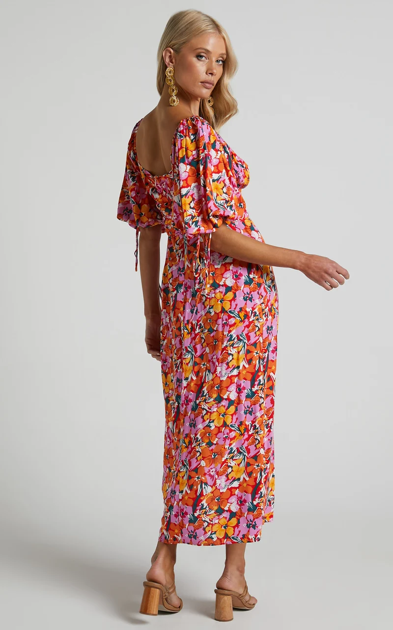 Rosario Midi Dress - Ruched Bust Puff Sleeve Dress in Spring Floral