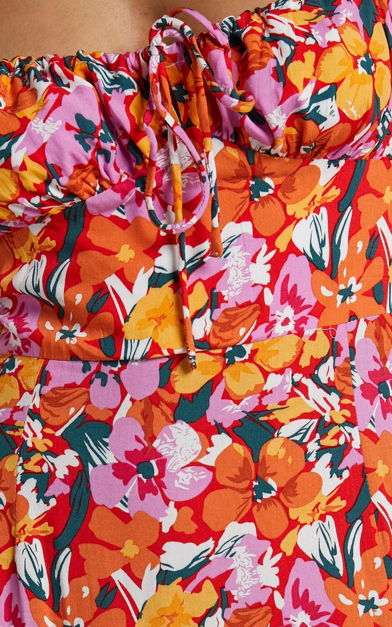 Rosario Midi Dress - Ruched Bust Puff Sleeve Dress in Spring Floral