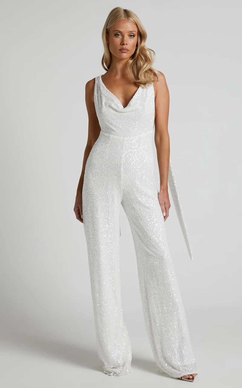 Malisha Jumpsuit - Cowl Neck Backless Jumpsuit in White Sequin