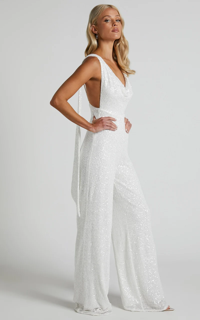 Malisha Jumpsuit - Cowl Neck Backless Jumpsuit in White Sequin