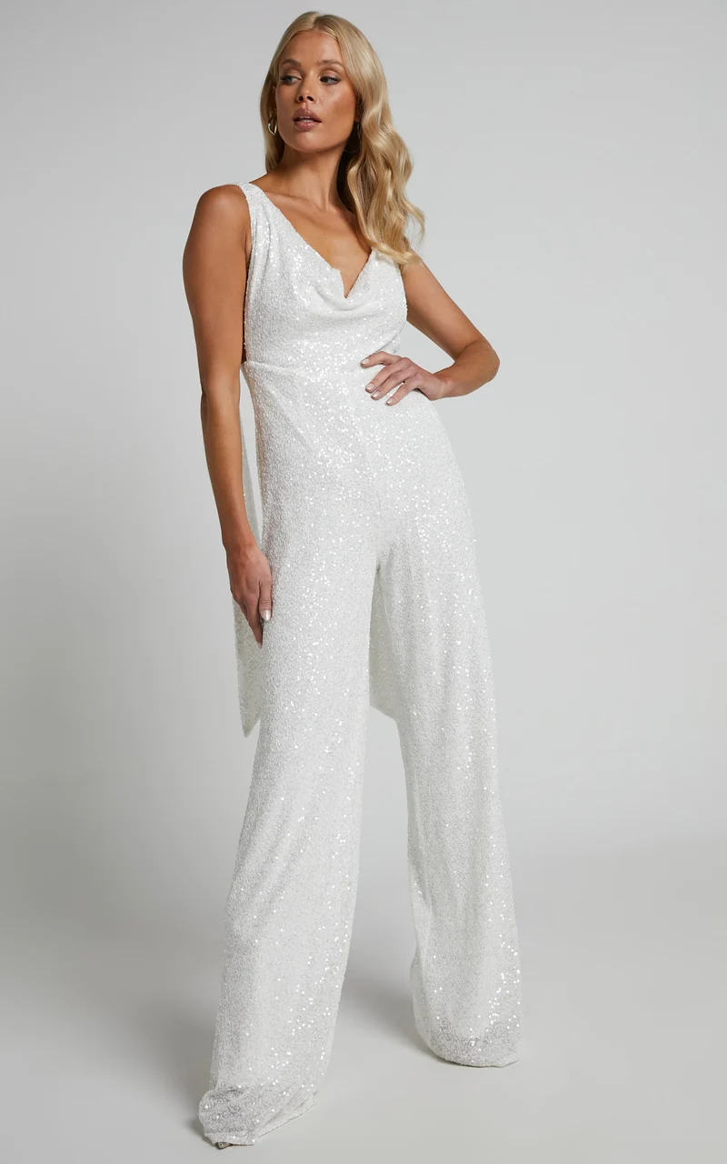 Malisha Jumpsuit - Cowl Neck Backless Jumpsuit in White Sequin