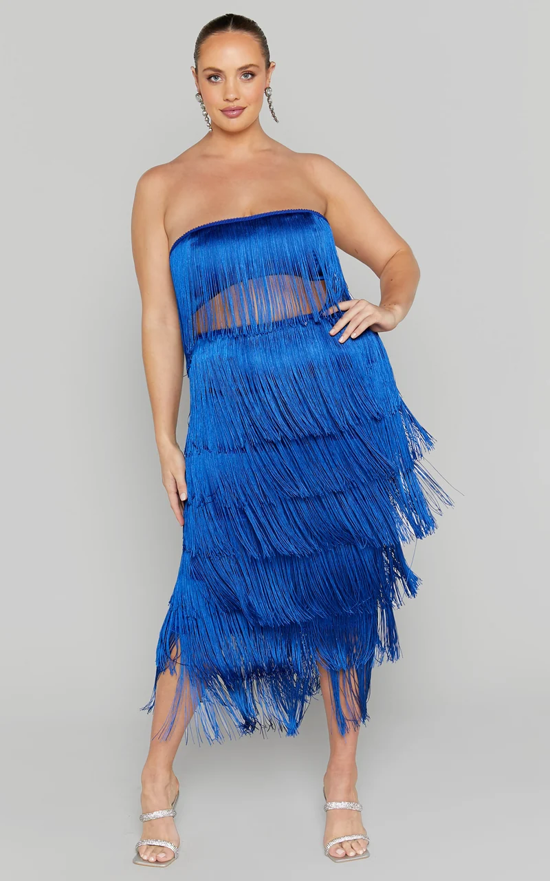 Amalee Two Piece Set - Fringe Strapless Crop Top and Midi Skirt Set in Cobalt Blue