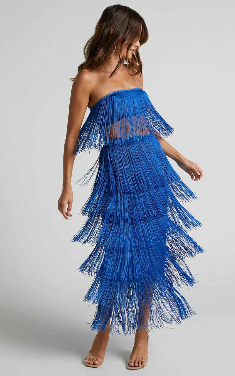 Amalee Two Piece Set - Fringe Strapless Crop Top and Midi Skirt Set in Cobalt Blue