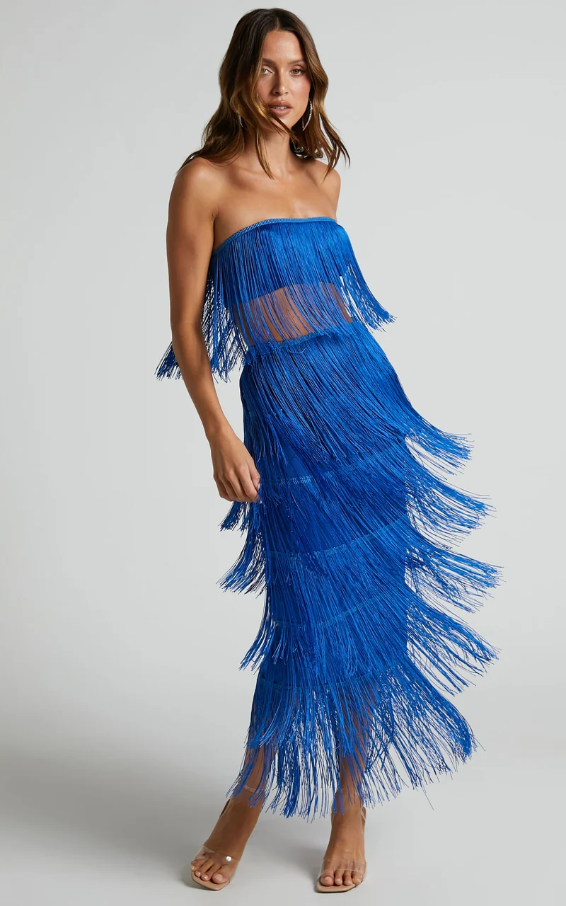 Amalee Two Piece Set - Fringe Strapless Crop Top and Midi Skirt Set in Cobalt Blue