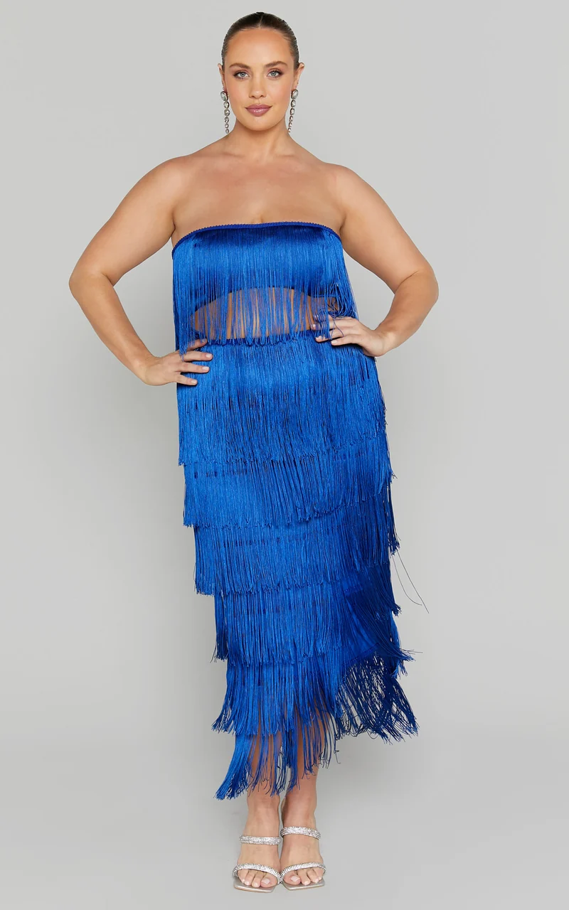 Amalee Two Piece Set - Fringe Strapless Crop Top and Midi Skirt Set in Cobalt Blue
