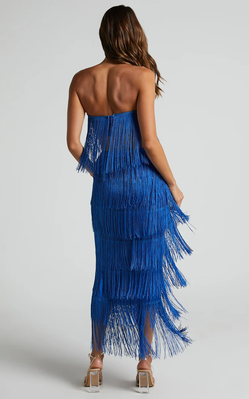 Amalee Two Piece Set - Fringe Strapless Crop Top and Midi Skirt Set in Cobalt Blue