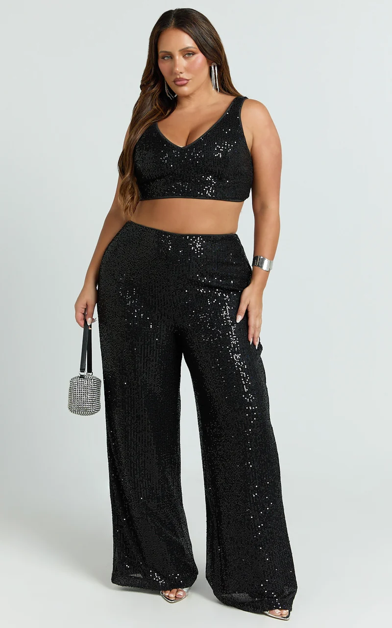 Abela Two Piece Set - Crop Top and Wide Leg Pants Set in Black Sequin