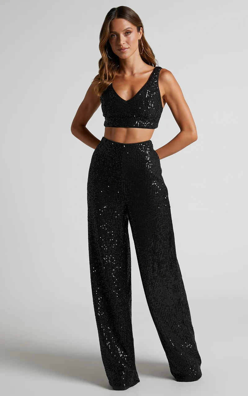 Abela Two Piece Set - Crop Top and Wide Leg Pants Set in Black Sequin