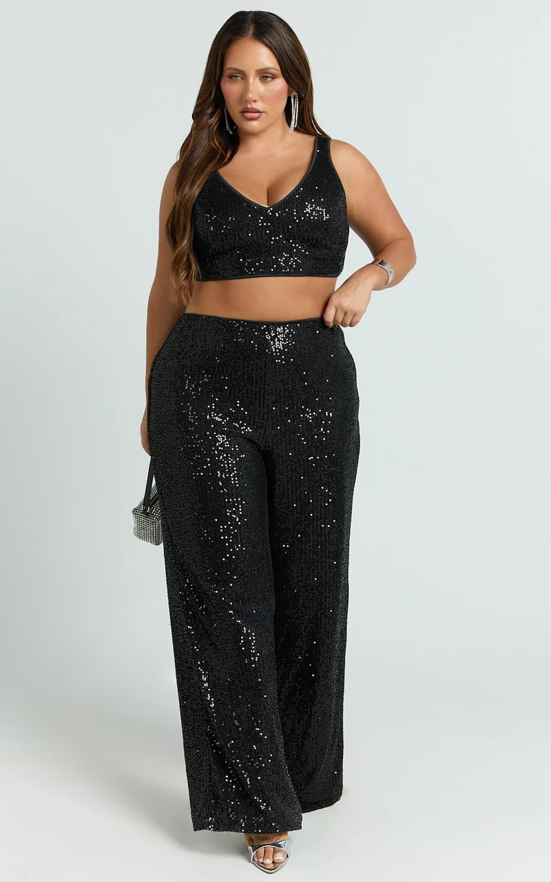 Abela Two Piece Set - Crop Top and Wide Leg Pants Set in Black Sequin