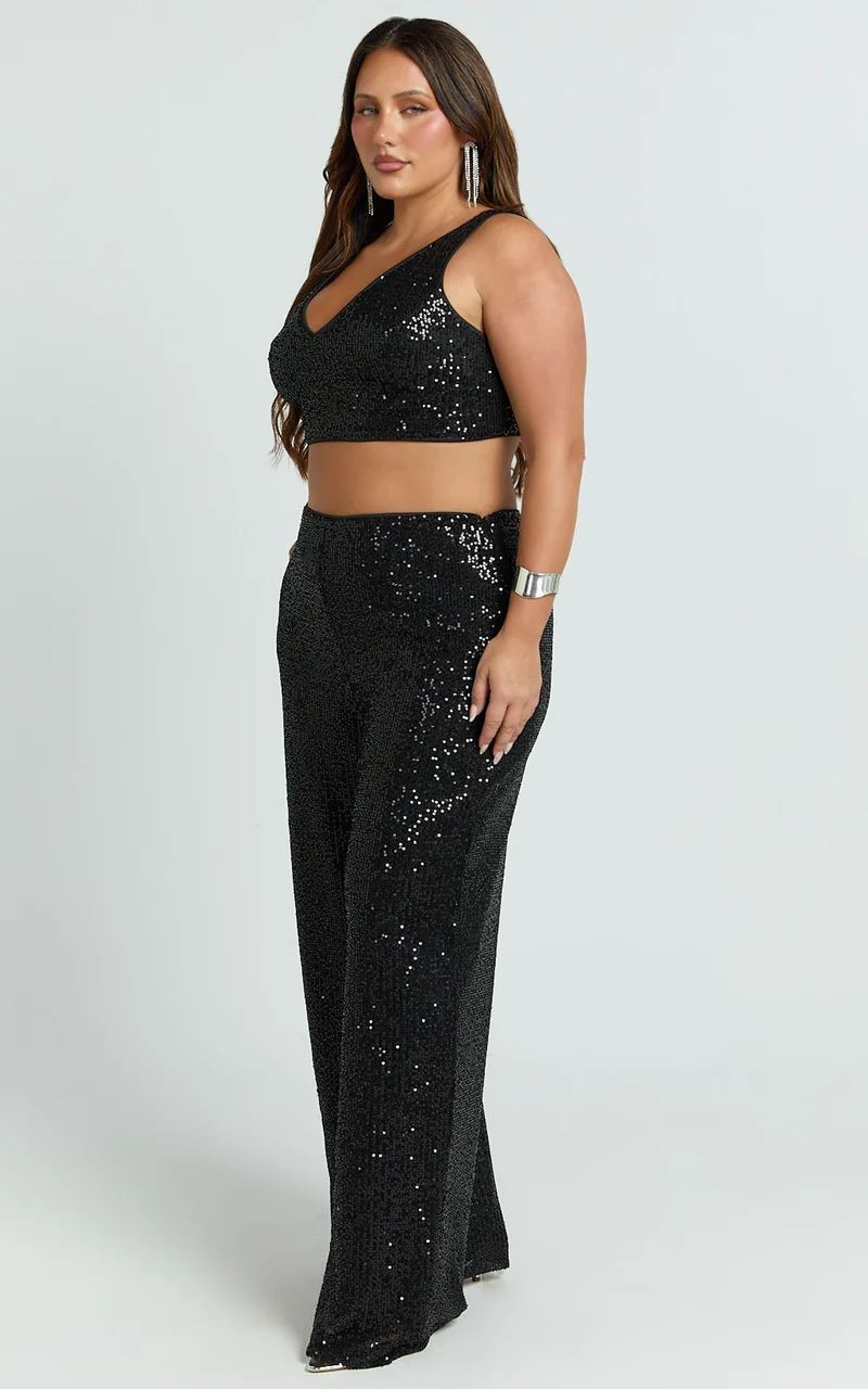 Abela Two Piece Set - Crop Top and Wide Leg Pants Set in Black Sequin