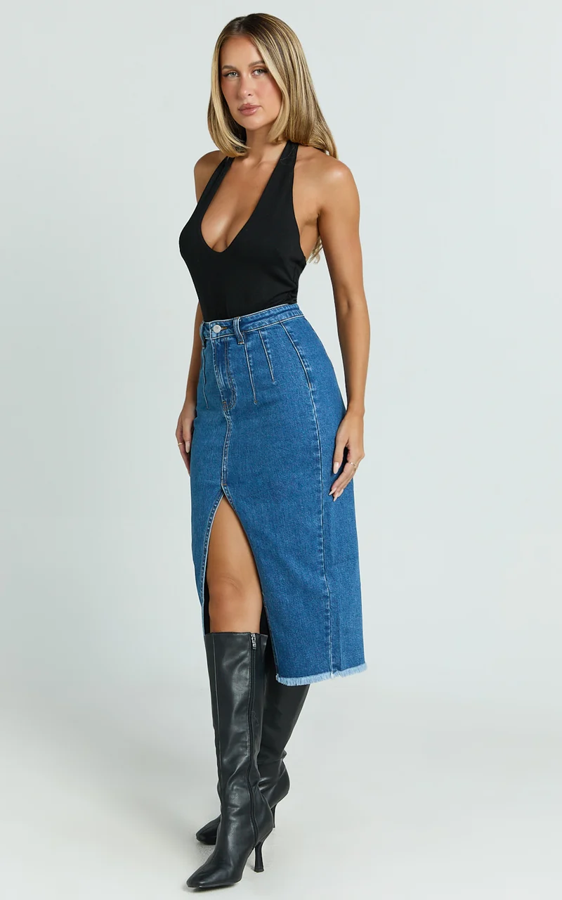 Janeve Midi Skirt - Front Split Denim Skirt in Dark Blue