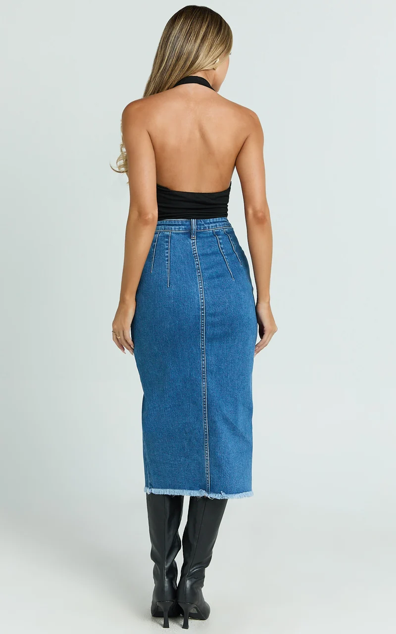 Janeve Midi Skirt - Front Split Denim Skirt in Dark Blue