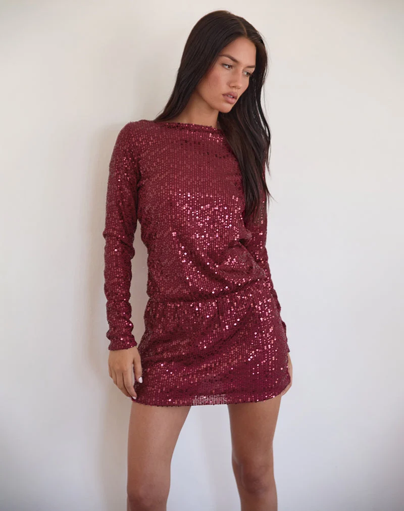 Jasilia Long Sleeve Mini Dress in Gauzy Sequin Red (Mini robe à manches longues en paillettes vaporeuses)
