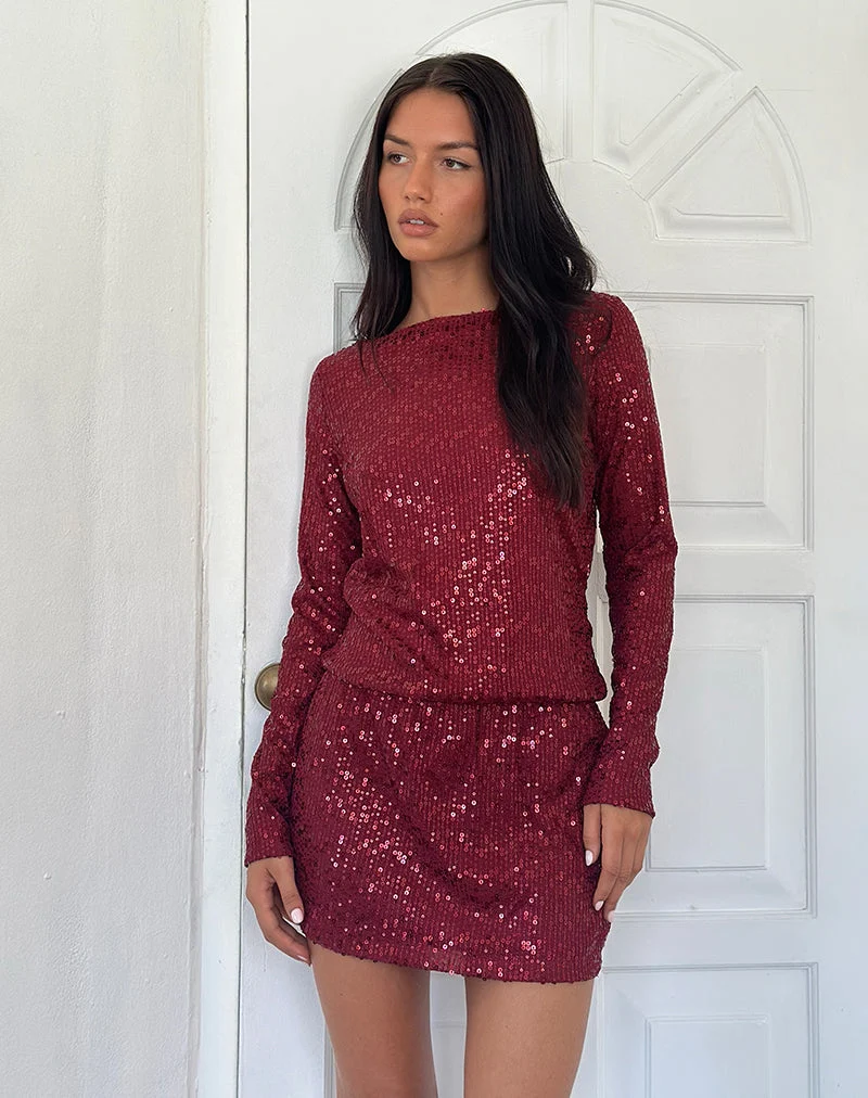 Jasilia Long Sleeve Mini Dress in Gauzy Sequin Red (Mini robe à manches longues en paillettes vaporeuses)