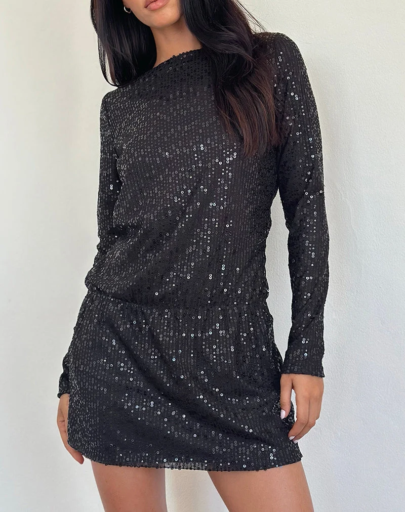 Jasilia - Mini robe à manches longues en paillettes vaporeuses - Noir