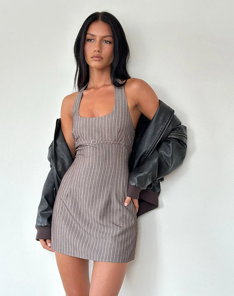 Vellura - Mini robe dos nu en tissu à rayures taupe