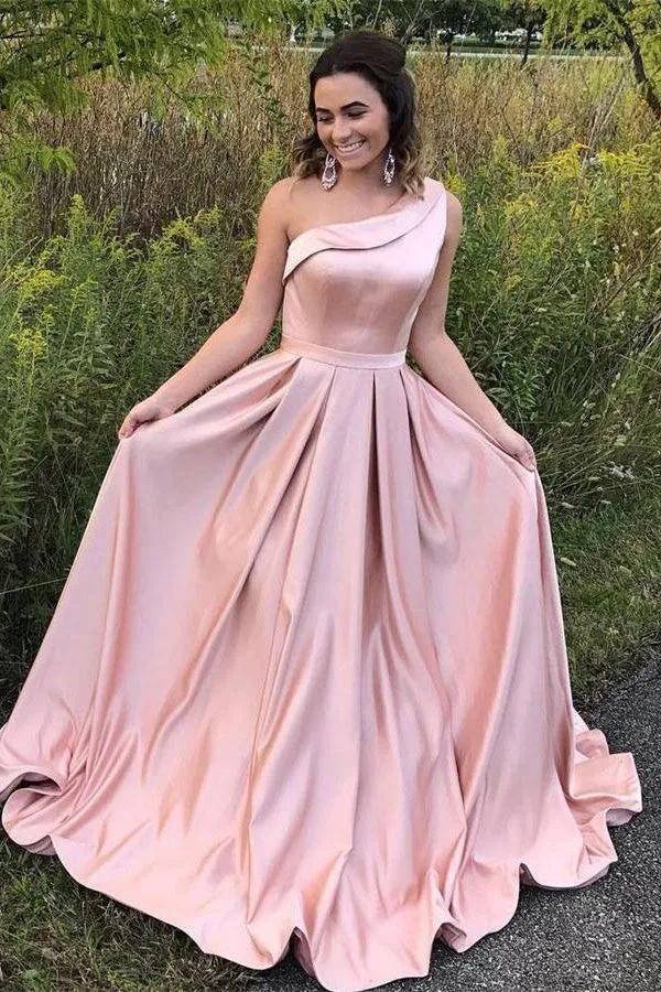 Robe de bal rose simple et élégante à une épaule avec poches