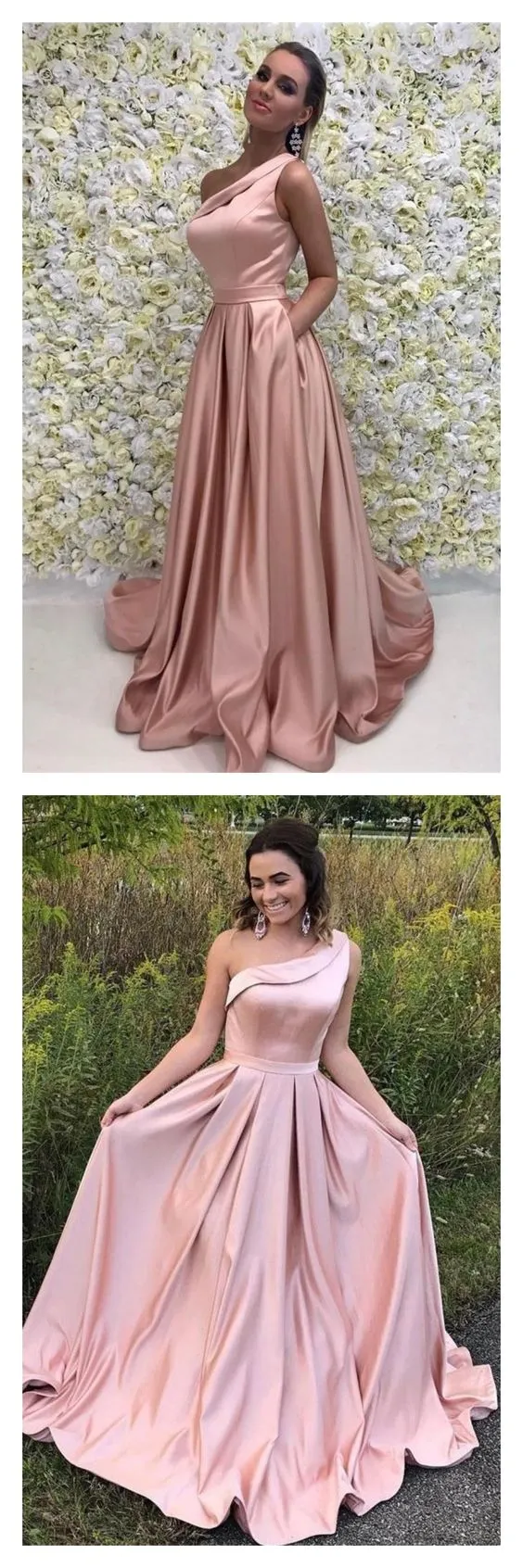 Robe de bal rose simple et élégante à une épaule avec poches